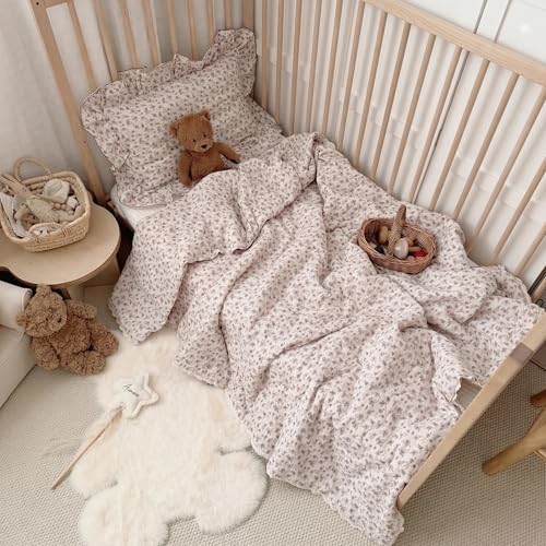Image of BuLuTu Purple Floral Print Toddler Blanket Quilted 100% Cotton Muslin Lightweight Kids Comforter Soft Bed Blankets for Girls Toddler Crib Quilt, All Seasons Blankets, 47x59 Inches