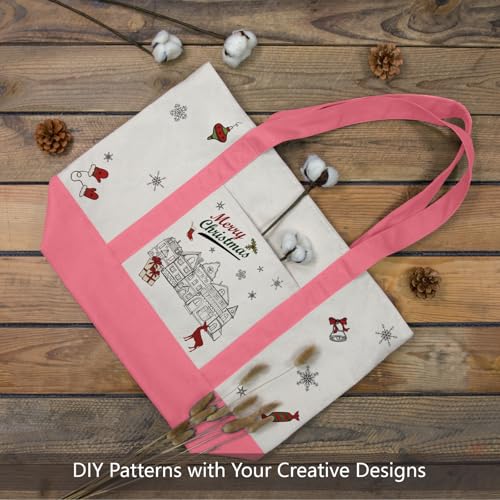 Image of TOPDesign 6-Pack Canvas Tote Bags with an External Pocket, Reusable Grocery Shopping Bags, Top Zipper Closure, Daily Essentials (Rose Pink /Natural)