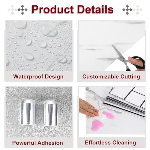 QUARKZMAN 10 Stück Peel-and-Stick-Marmorfliesen, wasserdichte Wandverkleidungsrückwand, 12x12 PVC Peel-and-Stick-Duschfliesen für Badezimmer, Küche, Wohnzimmer, elegantes weißes Design