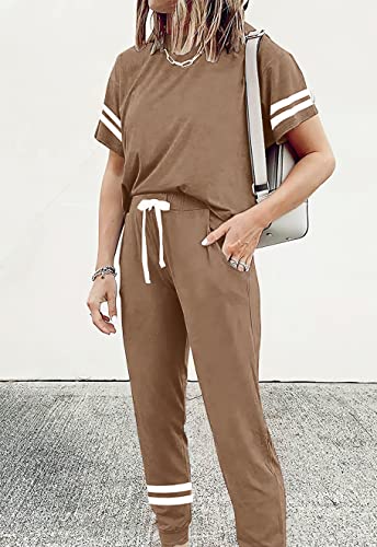Image of PRETTYGARDEN Women Summer Two Piece Outfits Striped Short Sleeve Pullover and Long Pants Tracksuit Travel Pajama Lounge Set