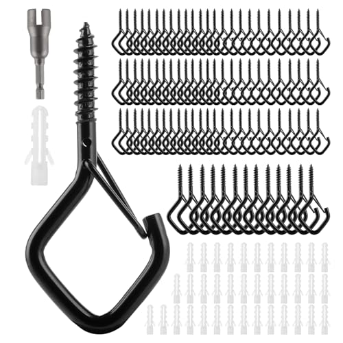 JMIATRY 60 tornillos de gancho, ganchos de rosca negros, ganchos para atornillar, ganchos de techo negros para cestas de plantas, comederos de pájaros, carillones de viento, cadenas de luces