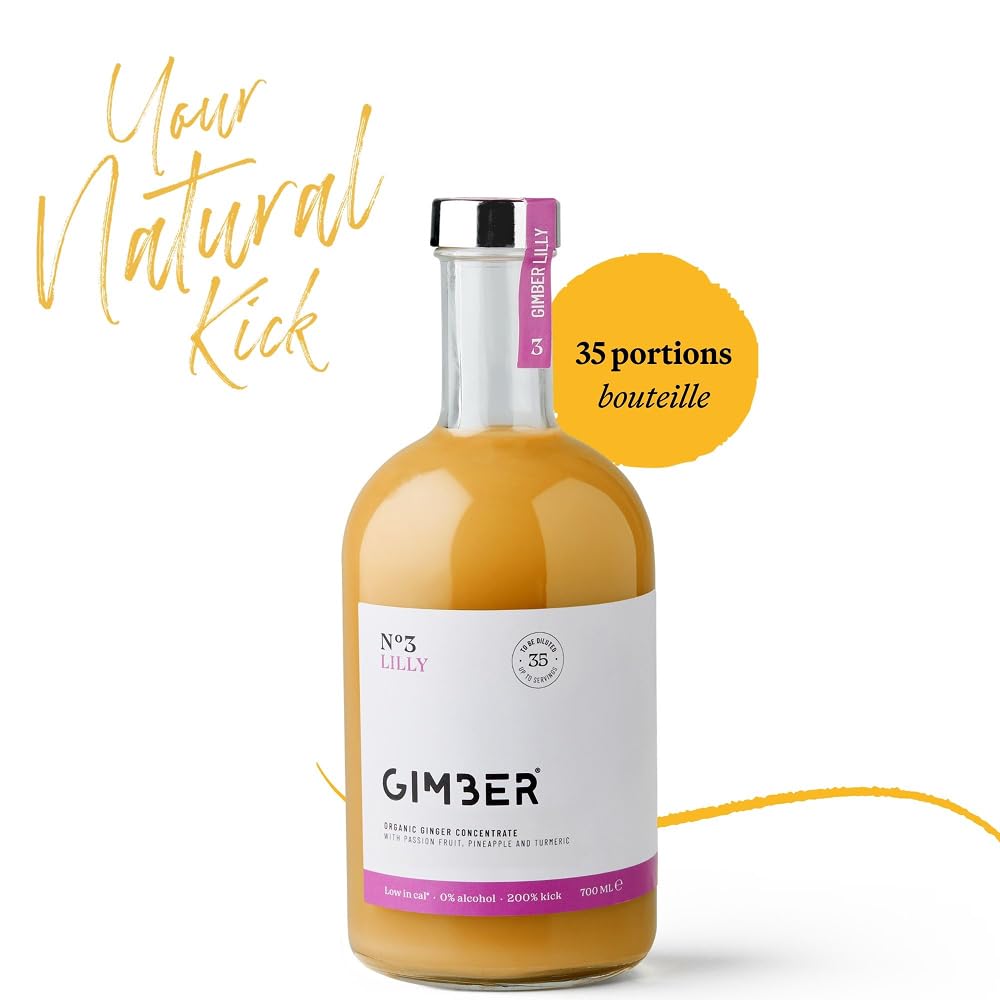 Concentré de gingembre Gimber au fruit de la passion, 100% naturel et vegan | N°3 700 ml Lilly | Concentré de gingembre bio, boisson au gingembre vegan avec fruit de la passion, ananas et curcuma