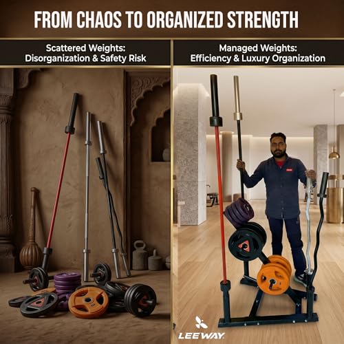Image of LEEWAY Olympic Weight Plate Rack with Barbell Holders | Heavy Duty Gym Plate Storage Stand | 2-Inch & 1-Inch Plate Tree Stand Organizer for Home Gym | Compact Space Saving Equipment Rack (Weight Plate Rack)