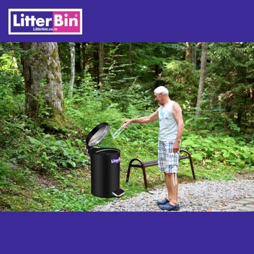 Image of LITTERBIN Stainless Steel Pedal Dustbin with Lid | Small Compact Space Saver SS Trash Can for Office, Home, Kitchen, Room, washroom, bathroom (Black 5 Liter)