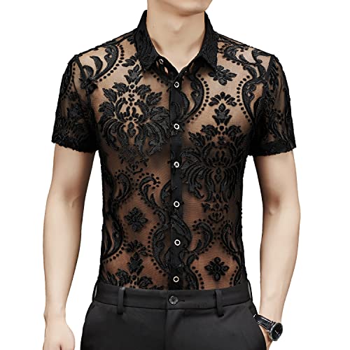 Yonititeee Durchsichtiges Hemd für Herren und Damen, sexy, kurzärmelig, Nachtclub, Fischnetz-Spitzenhemd, Cs02, Mittel