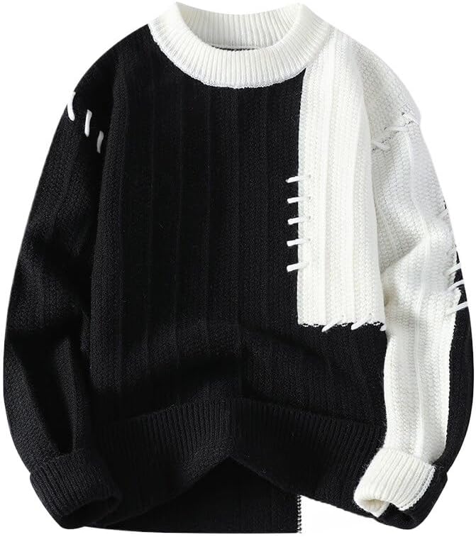 Men's Winter Color Blocking Round Neck Sweater Base Knit Casual Plus Loose Fit