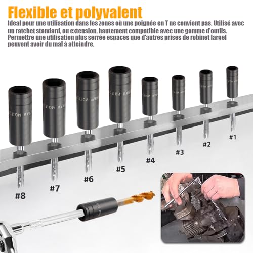 Bestgle Lot de 8 Extracteurs D'écrous de Boulons, Douille à Chocs, Douilles Profondes Impact, Outil de Retrait D'écrous de Roue, Outil de Douille de Adaptateur 3/8" à 1/4", Arrondis, écrous et Vis – vue 3