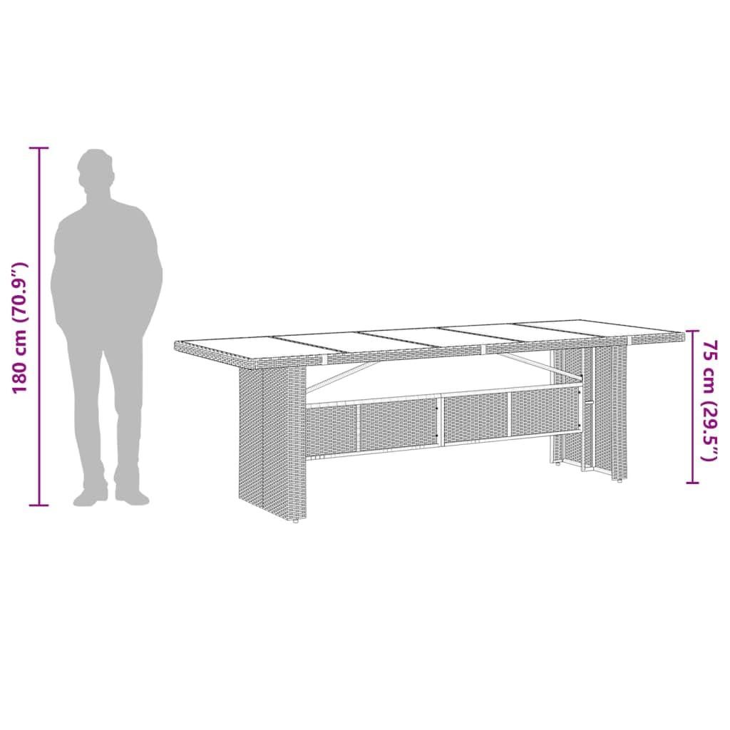 Stół ogrodowy ze szklanym blatem, brązowy, 240 x 90 x 75 cm, polirattan, stal malowana proszkowo, stół outdoorowy, na taras, balkon, do ogrodu, dla rodziny, gości, pikników, jedzenia