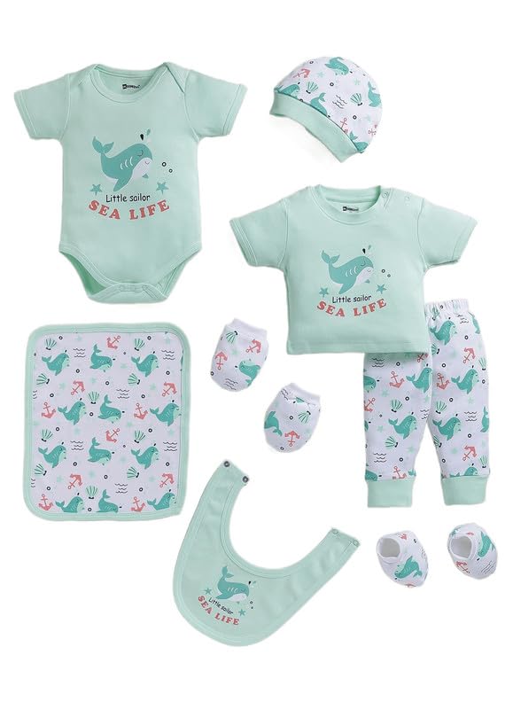 MOON KIDS Newborn Baby Cotton Clothing Gift Set with Romper, Onesie, Top, Pant, Cap, Mittens & Bib (7-piece set) - Mint|-image-31