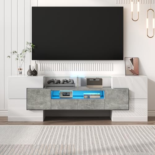 Wiuzo Elegante armario para TV, bajo, blanco brillante, 145 cm, con iluminación LED, mueble para el salón. Diseño moderno. Elegante superficie de vidrio (Gris+Blanco)