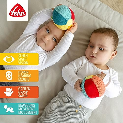 Fehn Rasselball bunt – Greif-Spielball mit Materialmix & Rassel zum Werfen, Greifen, Rollen – fördert Babys motorische Fähigkeiten – für Baby und Kleinkinder ab 0+ Monaten