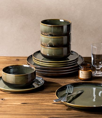 Image of TheTerra Ceramic Dinnerware Sets for 8, 24 Pieces Handmade Reactive Glaze Plates and Bowls Set, Scratch Resistant Dish Set, Oven & Microwave & Dishwasher Safe, Olive Green
