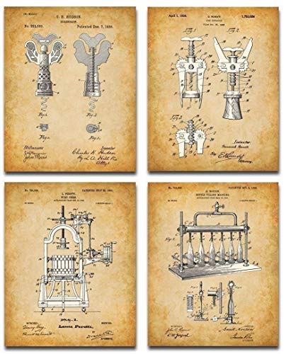 Original Wine Patent Art Prints - Set of Four Photos (8x10) Unframed - Makes a Great Winery or Wine Cellar Decor and Gift Under $20 for Wine Lovers