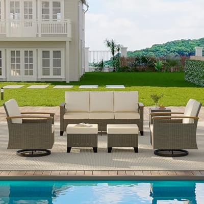 MELLCOM 6 Piece Patio Furniture Set, Wicker Patio Conversation Set with Swivel Glider Chair and 3-Seater Sofa and 2 Ottomans and Side Table for Deck Backyard