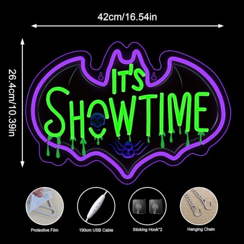 Image of Show Time Neon Sign Bat Skull Light Up for Halloween party Wall Decoration