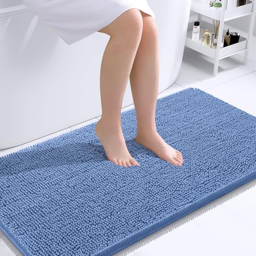 Image of OLANLY Large Bathroom Rugs 40x24, Soft Absorbent Chenille Bath Rugs, Rubber Backing Quick Dry, Machine Washable Bath Mats for Bathroom Floor, Tub and Shower, Home Decor Accessories, Cornflower Blue