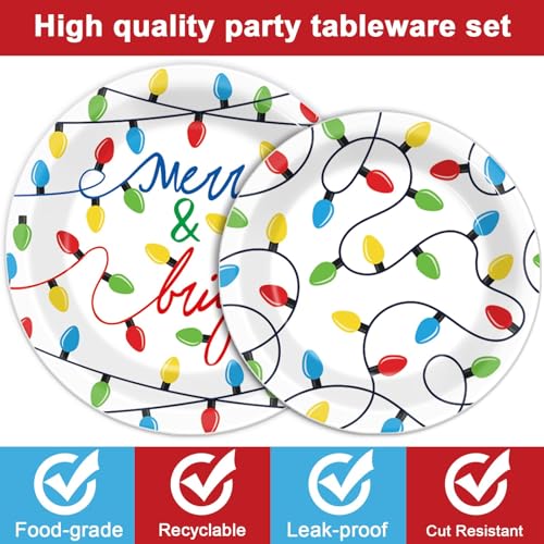 Image of ZOIIWA 96PCS Merry Christmas Party Tableware Set Christmas Lights Party Supplies Merry and Bright Disposable Dinnerware Plates Napkins Forks with Holiday String Lights for Xmas Birthday Favors
