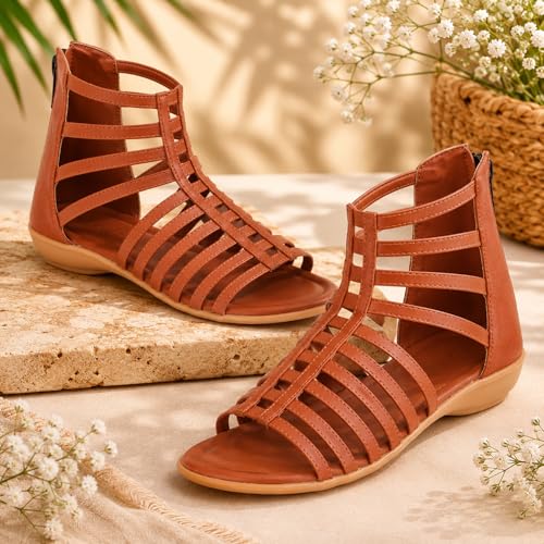 Image of TRASE Flats Gladiator With Zip Closure For Women Sandals| Gladiator High-Tops Sandals For Women | Stylish & Comfortable | College, Office, Shopping, Outdoor & Beach Wear