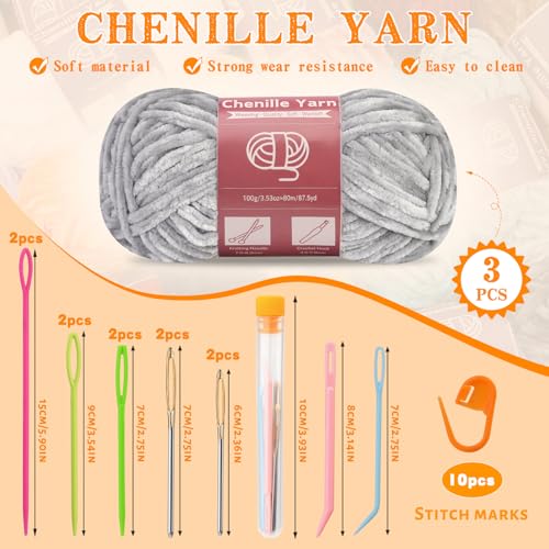 Image of LUNARM Chenille Yarn 3 Pack 3.5oz Chunky Blanket Velvet Yarn 263 Yard | Light Grey Chunky Chenille Yarn for Beginners Crocheting Hand Knitting Scarves with Big Eye Needles Machine Washable