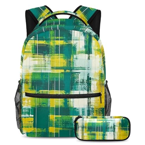 Sac à dos avec trousse motif écossais aquarelle vert pour garçons et filles