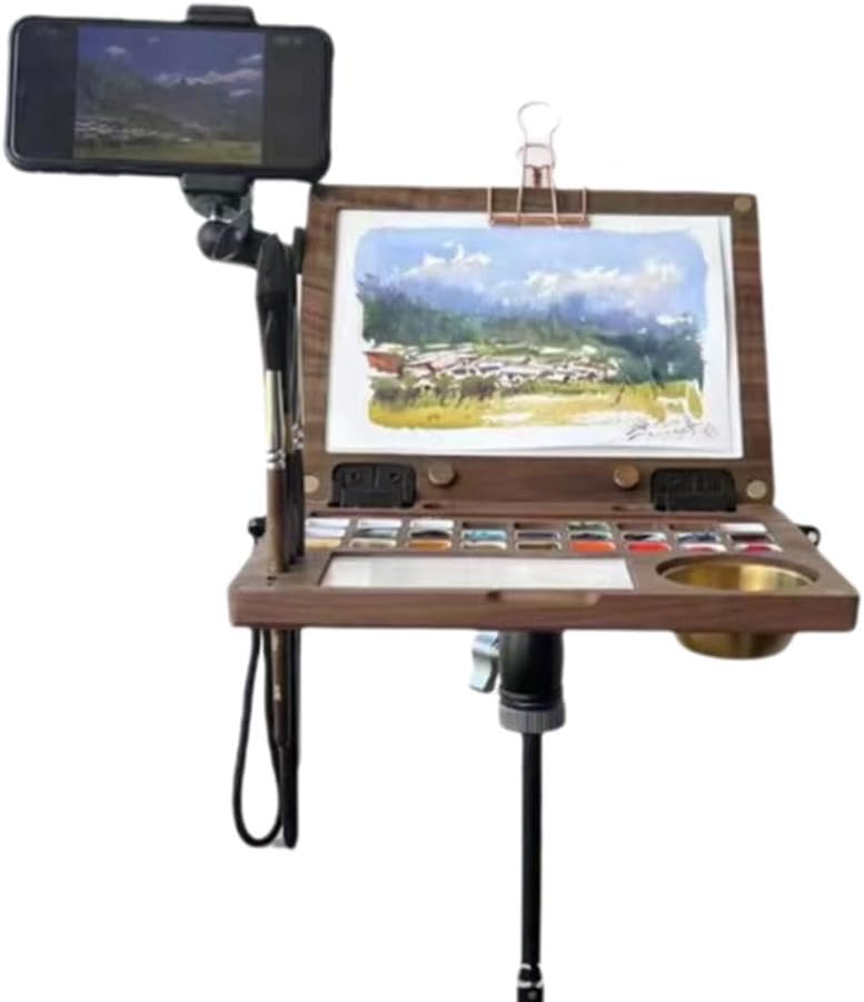 Black Walnut Watercolor Palette Box, Foldable 27-Grid Wooden Paint Case with Brush Holder & Mixing Area, Portable Travel Art Kit for Outdoor Sketching & Studio Painting