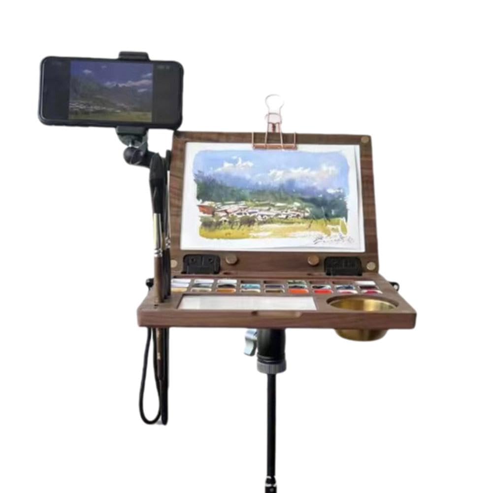 Paleta de acuarela portátil de madera de nogal negro de 27 rejillas, bandeja de pintura de viaje plegable con área de mezcla y recipiente de lavado de pinceles, rejilla desmontable para multipintura