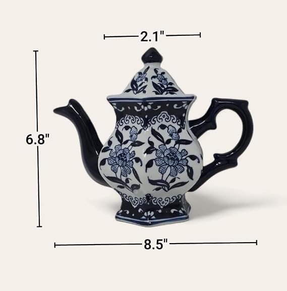 Teapot Blue and White Porcelain 16 Ounce China, Coffee Pot, Hexagonal