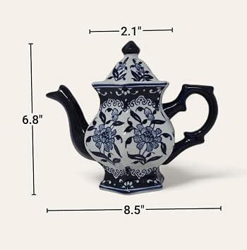 Teapot Blue and White Porcelain 16 Ounce China, Coffee Pot, Hexagonal