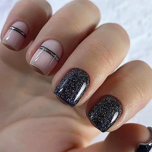 24 Piezas Uñas Postizas Cortas Cuadradas, Ballerina Uñas Falsas Lineas Negras Acrilicas Press on Nails, Artificiales Adhesivos de Uñas para Mujeres y Niñas, 12 Tamaños