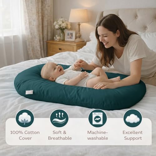 Image of Baby Lounger for Newborn 0-24 Months, Soft Portable Infant Nest & Play Mat & Diaper Changing Pad for Home,Travel & Floor Time, Newborn Babies Essentials Gifts(Peacock Green)