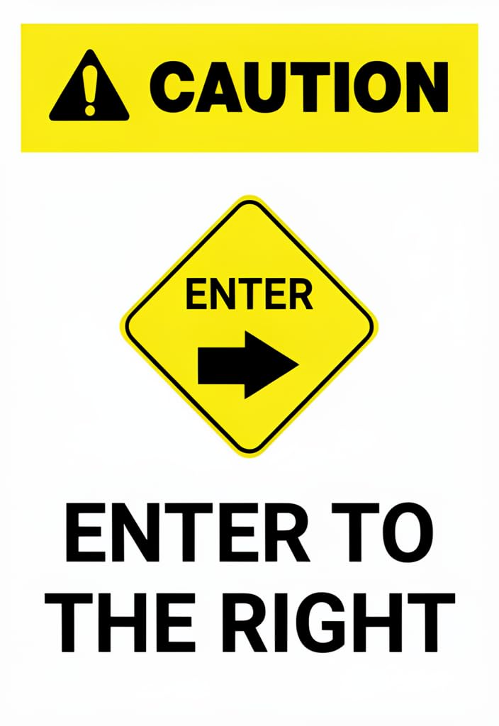 peiyeety 12x8 Inch Tin Metal Sign Caution Enter to the Right Yellow & Black Warning Plaque, Bold Traffic-Style Wall Decor for Garage, Workshop, Office, Man Cave, Doorway Direction Sign Gift