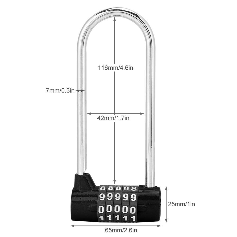 Cerradura de puerta, cerradura de código de combinación de 5 diales, candado de contraseña de aleación de zinc duradero en forma de U extra largo, para gabinetes, manijas de puerta, gimnasio, bicicle