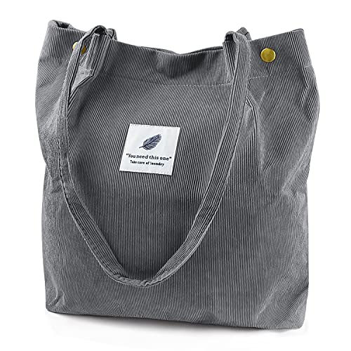 Ayieyill Bolsa feminina de veludo cotelê de lona com cordão de ombro com bolso interno, Cinza escuro, Large