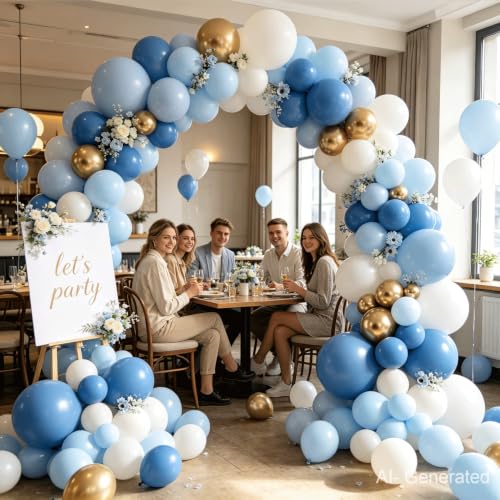 Image of Zesliwy Dusty Blue White Gold Balloons Arch Kit, Latex, Party Decoration