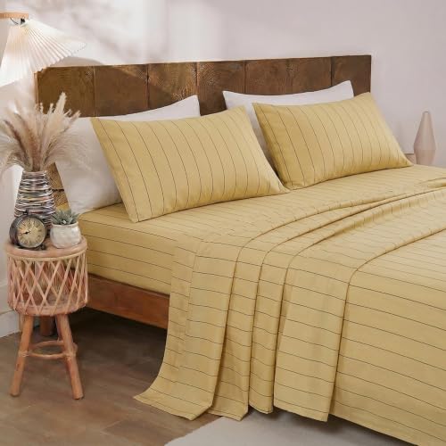 Image of Merryword Yellow Striped Sheet Set King Size - 100% Cotton Striped Bedding 4 Pieces, Soft Breathable Percale Weave, 17.5 inch Deep Pocket, Luxury Linen Like, All Season Comfort