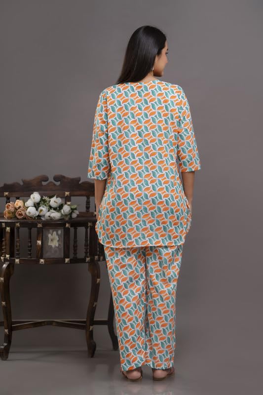 Image of Pure Cotton Printed Night Suit Top and Pyjama Set for Women's Night Dress of Shirt & Pyjama Set for Womens