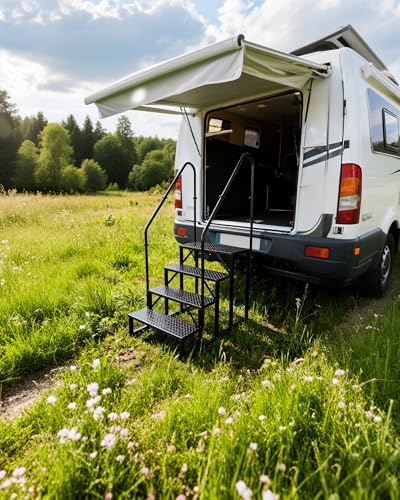 Image of 4 Step RV Steps with 2 Handrails, Outdoor RV Stairs with Anti-Slip Pedals