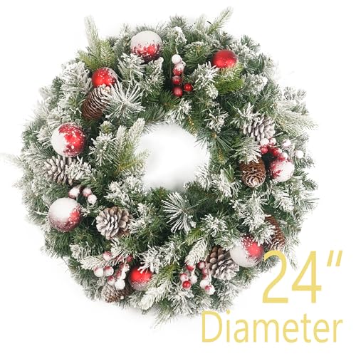 Flockedchristmaswreathprelit24inchwith50lightredballpineconeartificialchristmaswreathsforfrontdoorwithlightswreathforchristmasdecorationdoorwindowswallgreen Urban Country Home Decor Flocked christmas wreath pre lit 24 inch with 50 light red ball pine cone artificial christmas wreaths for front door with lights wreath for christmas decoration door windows wall green urban country home decor