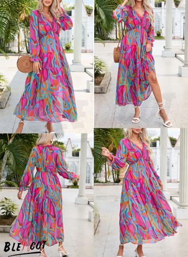 Image of BLENCOT Womens Casual Boho Floral Printed V Neck Long Sleeve Long Maxi Dress Spring Summer Dresses