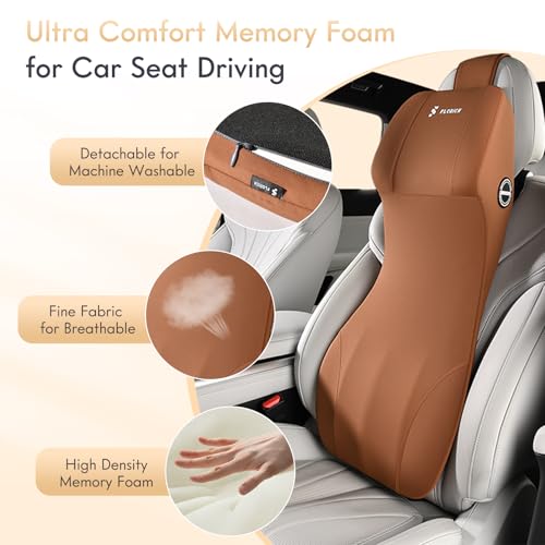 Image of FLORICH Car Seat Lumbar Support with Headrest Pillow Memory Foam Car Lumbar Pillow Back Support Cushion 2-in-1 Ergonomic Back Rest Pillow & Car Neck Pillow for Driving Tailbone Pain Relief, Brown