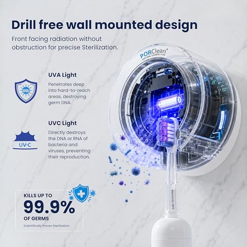 Image of PORClean 200V Water Flosser for teeth with UVA+UVC Toothbrush Sanitizer holder Combo, Cordless Oral Care, Wall Mounted, Rechargeable IPX7 Waterproof - 1 Year Warranty
