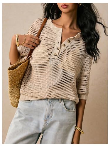 Women's Hollow Out Crochet Sweater Y2k Sheer Half Button Crochet Knit Top Beach Cover Up4
