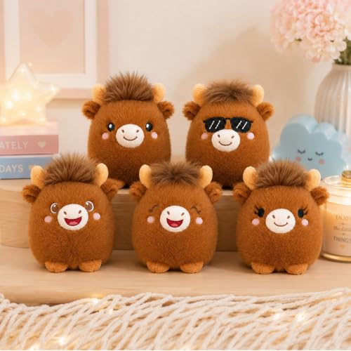 Image of Emotional Support Highland Cow Plush Set, 5 Soft Squishy Toys Stuffed Animal with Carrying Basket, Cute Cuddly for Loved Ones of All Ages, Stress Relief Funny Gifts (Highland Cow)