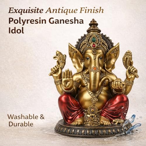 Image of ARMONIA Premium Lord Ganesha Idol for Home Decor - 8 Inch Handmade Ganesh Murti |Antique Finish Ganpati Statue for Mandir,Office Desk |Polyresin | Best Spiritual Gift for Diwali,Wedding & Housewarming