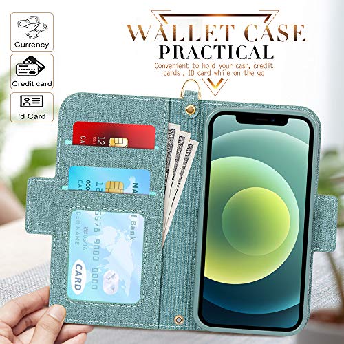 Skycase Compatible For Iphone 12 Mini Case 5G,[Rfid Blocking] Handmade Flip Folio Wallet Case With Card Slots And Detachable Hand Strap For Iphone 12 Mini 5.4 Inch 2020,Green #TOP3