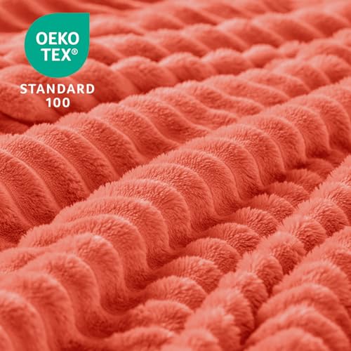 Image of BEDELITE Fleece Throw Blanket for Couch - 3D Ribbed Jacquard Soft and Warm Decorative Fuzzy Blanket - Cozy, Fluffy, Plush Lightweight Coral Red Throw Blankets for Bed, Sofa, 50x60 inches