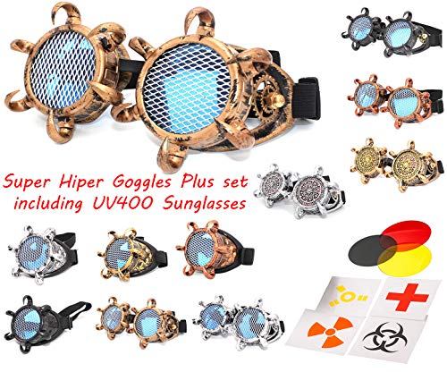 4sold Unisex Round Rave Cosplay Steampunk Goggles UV400 Premium Quality Cyber Glasses Victorian Punk Style Welding Cosplay in a Gothic Style Goth Rustic Rivet Vintage Led (Studs Grey Grid) steampunk buy now online