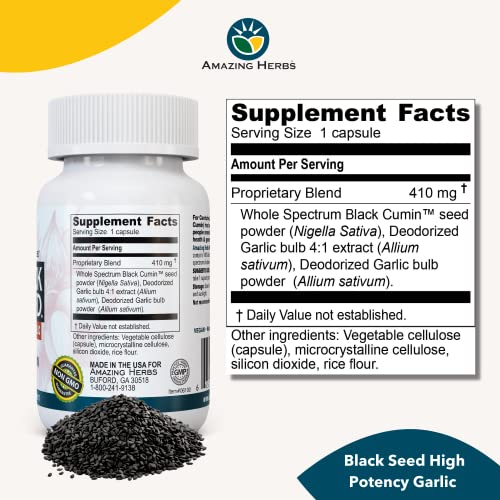 Amazing Herbs Whole Spectrum Black Seed & High Potency Garlic, Vegetarian Capsules - Gluten-Free, Non-Gmo, Vegan, Supports Immune System, Lung Function, & Cardiovascular Health - 100 Count #TOP4