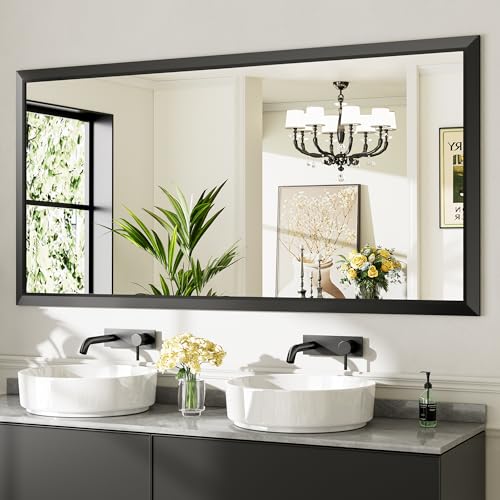 72x36 Inch Black Bathroom Mirror for Wall, Thick Metal Framed Rectangle Mirrors for Over Sink, Bedroom, Living Room, Entryway, Anti-Rust, HD Tempered Glass