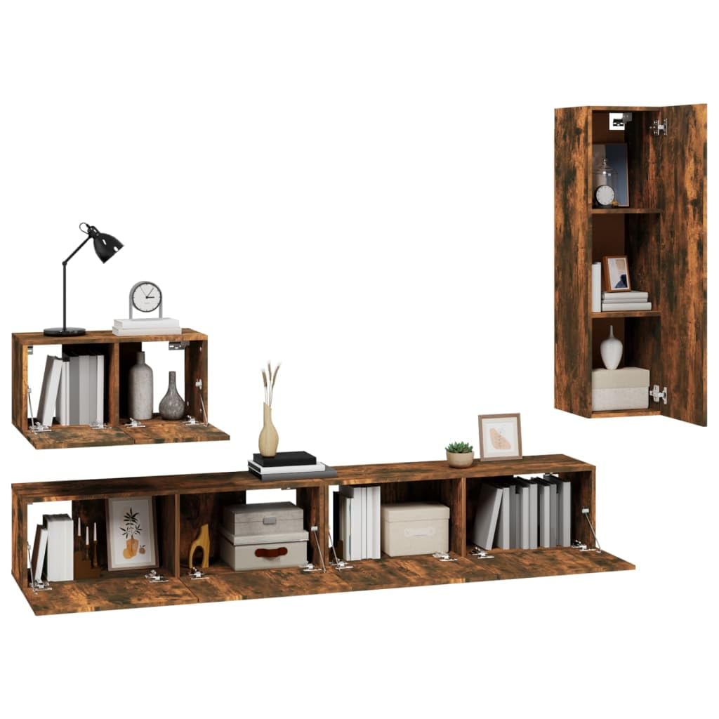4-TLG. TV-Schrank-Set Räuchereiche Holzwerkstoff, Modernes Media-Center für Wohnzimmer und Schlafzimmer, Wandmontage, Vielseitiger Stauraum